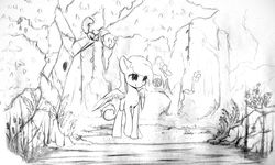 Size: 2000x1200 | Tagged: safe, artist:freeedon, oc, oc only, pegasus, pony, squirrel, female, mare, monochrome, plant, sketch, solo, tree