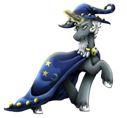 Size: 1670x1553 | Tagged: safe, artist:monnarcha, star swirl the bearded, pony, g4, beard, cape, clothes, facial hair, glowing horn, hat, hoers, horn, magic, male, raised hoof, simple background, solo, transparent background