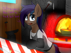 Size: 2000x1500 | Tagged: safe, artist:eclipsepenumbra, oc, oc only, oc:arclight, earth pony, pony, apron, blacksmith, clothes, fire, forge, looking at you, solo, weapon