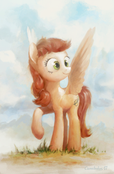 Size: 625x950 | Tagged: safe, artist:cannibalus, oc, oc only, oc:ayri, pegasus, pony, cloud, female, gift art, mare, raised hoof, sky, smiling, solo, spread wings