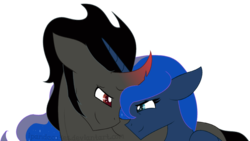Size: 1280x721 | Tagged: safe, artist:ipandacakes, king sombra, princess luna, alicorn, pony, unicorn, g4, fall of an empire, female, floppy ears, looking at each other, male, missing accessory, nuzzling, ship:lumbra, shipping, simple background, straight, transparent background
