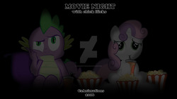 Size: 1600x900 | Tagged: safe, artist:csanimations, spike, sweetie belle, dragon, pony, g4, date, female, food, male, movie night, popcorn, ship:spikebelle, shipping, soda, straight, watermark