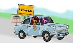 Size: 1280x761 | Tagged: safe, artist:charrez, oc, oc only, oc:lucy light, oc:mary rose, pegasus, pony, unicorn, 1337, brony radio germany, car, driving, female, german, road, seitenroda, text, trabant