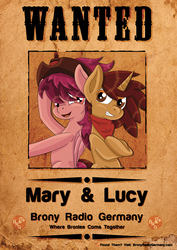 Size: 706x1000 | Tagged: safe, artist:charrez, oc, oc only, oc:lucy light, oc:mary rose, pony, brony radio germany, cowboy hat, cowgirl, hat, poster, smiling, standing, wanted poster, wild west