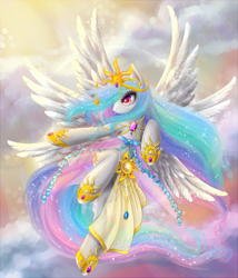 Size: 1455x1700 | Tagged: safe, artist:nefyfeiri, princess celestia, alicorn, pony, seraph, g4, anatomically incorrect, clothes, cloud, colored pupils, day, dress, female, flying, horn, horn jewelry, incorrect leg anatomy, jewelry, multiple wings, sky, solo