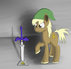 Size: 1400x1361 | Tagged: safe, artist:itsthinking, earth pony, pony, epona, female, hat, mare, master sword, ponified, smiling, solo, the legend of zelda, triforce, unshorn fetlocks