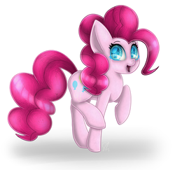 Size: 1257x1222 | Tagged: safe, artist:skashigame, pinkie pie, pony, colored pupils, female, looking at you, looking sideways, open mouth, raised hoof, raised leg, simple background, smiling, solo, walking, white background