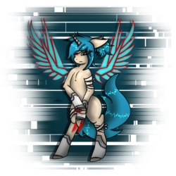 Size: 1280x1280 | Tagged: safe, artist:charrez, oc, oc only, pony, unicorn, artificial wings, augmented, bandage, female, mechanical wing, solo, weapon, wings