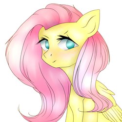 Size: 1600x1600 | Tagged: safe, artist:aldi25, fluttershy, pony, g4, bust, collaboration, female, folded wings, looking at you, looking sideways, no pupils, portrait, simple background, sitting, solo, white background