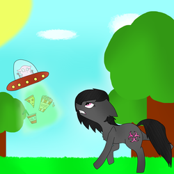 Size: 3000x3000 | Tagged: safe, artist:pyra563, oc, oc only, alien, pony, contest, contest entry, food, high res, pizza, popcorn, tree, ufo