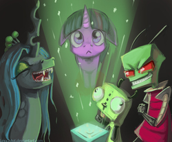 Size: 1206x1000 | Tagged: safe, artist:lexx2dot0, queen chrysalis, twilight sparkle, changeling, changeling queen, g4, crossover, evil, evil smile, eyes closed, floppy ears, gir, grin, invader zim, laughing, smiling, zim