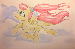 Size: 996x656 | Tagged: safe, artist:grokostimpy, fluttershy, pegasus, pony, g4, alternate hairstyle, cropped, female, flying, looking up, ponytail, profile, sky, solo, spread wings, traditional art, watercolor painting, windswept mane