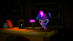 Size: 1920x1080 | Tagged: safe, artist:krida2, twilight sparkle, g4, 3d, book, candlelight, dark, female, magic, poster, reading, solo, source filmmaker, telekinesis