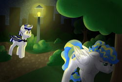 Size: 3000x2000 | Tagged: safe, artist:ruushiicz, oc, oc only, oc:golden stripe, oc:silver dust, bat pony, pony, bat pony oc, city, high res, lamppost, light, sad, scenery, stars, story in the source