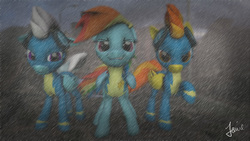 Size: 1920x1080 | Tagged: safe, artist:jamielim244, fleetfoot, rainbow dash, spitfire, g4, 3d, city, clothes, goggles, looking at you, poster, rain, raised hoof, signature, source filmmaker, uniform, wonderbolt trainee uniform, wonderbolts, wonderbolts uniform