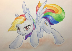 Size: 1024x725 | Tagged: safe, artist:grokostimpy, rainbow dash, g4, action pose, cropped, female, looking at you, open mouth, raised hoof, solo, spread wings, traditional art, watercolor painting, windswept mane