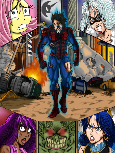 1375254 - safe, artist:projectdualpower, fluttershy, princess luna, twilight  sparkle, human, black cat, clothes, crossover, crying, destruction, fire,  green goblin, humanized, injured, magic, peter parker, spider-man, spiders  and magic: rise of spider ...