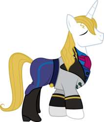 Size: 1001x1173 | Tagged: safe, artist:cloudy glow, prince blueblood, pony, unicorn, g4, clothes, clothes swap, cosplay, costume, crossover, disney, eyes closed, frozen (movie), male, prince hans, simple background, smiling, solo, stallion, transparent background, vector