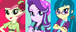 Size: 1302x554 | Tagged: safe, juniper montage, roseluck, starlight glimmer, equestria girls, mirror magic, official, spoiler:eqg specials, baubles, beanie, belt, bracelet, clothes, crossed arms, debate in the comments, eyeshadow, female, flower, flower in hair, glasses, graveyard of comments, hair tie, hat, jewelry, lapel pin, looking at you, makeup, open mouth, raised eyebrow, rolled up sleeves, smiling, vest, watch, wristwatch