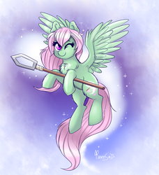 Size: 878x961 | Tagged: safe, artist:confetticakez, oc, oc only, oc:spectral wind, pegasus, pony, chest fluff, cute, flying, looking at you, one eye closed, smiling, solo, spear, spread wings, weapon, wink