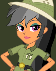 Size: 434x554 | Tagged: safe, chestnut magnifico, daring do, equestria girls, g4, official, clothes, female, hand on hip, lipstick, simple background, smiling, solo