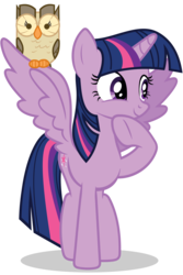 Size: 1030x1546 | Tagged: safe, owlowiscious, twilight sparkle, alicorn, owl, pony, g4, official, cute, female, hoof on chin, mare, raised hoof, simple background, smiling, spread wings, transparent background, twiabetes, twilight sparkle (alicorn), underhoof, wings