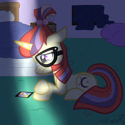 Size: 1024x1024 | Tagged: dead source, safe, artist:wubcakeva, moondancer, g4, bedroom, crying, female, glasses, photo, prone, sad, solo
