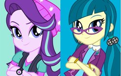 Size: 855x541 | Tagged: safe, juniper montage, starlight glimmer, equestria girls, baubles, beanie, bracelet, clothes, counterparts, crossed arms, eyeshadow, female, glasses, hair tie, hat, jewelry, lapel pin, looking at you, makeup, pigtails, rolled up sleeves, shirt, smiling, twilight's counterparts, twintails, vest, watch, wristwatch
