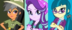Size: 1199x509 | Tagged: safe, chestnut magnifico, daring do, juniper montage, starlight glimmer, equestria girls, official, spoiler:eqg specials, baubles, beanie, belt, bracelet, clothes, costume, counterparts, crossed arms, eyeshadow, female, glasses, hair tie, hat, jewelry, lapel pin, looking at you, makeup, pigtails, pith helmet, rolled up sleeves, shirt, smiling, spoiler, twilight's counterparts, twintails, vest, watch, wristwatch