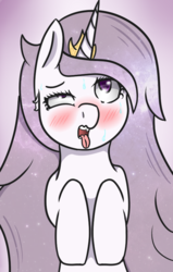 Size: 537x843 | Tagged: safe, artist:lazerblues, princess celestia, alicorn, pony, princess molestia, g4, ahegao, ahego meme, blushing, female, on back, open mouth, solo, sweat, sweatdrops, tongue out, wavy mouth