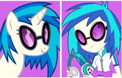 Size: 871x558 | Tagged: safe, dj pon-3, vinyl scratch, human, pony, equestria girls, g4, official, human ponidox, self ponidox