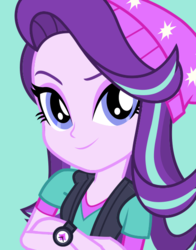 Size: 434x554 | Tagged: safe, starlight glimmer, equestria girls, equestria girls specials, g4, my little pony equestria girls: mirror magic, official, beanie, clothes, crossed arms, debate in the comments, female, happy, hat, looking at you, simple background, smiling, solo, spoiler, teal background, watch