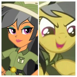 Size: 1024x1024 | Tagged: safe, edit, edited screencap, screencap, chestnut magnifico, daring do, pegasus, pony, equestria girls, g4, clothes, comparison, evil smile, explorer outfit, grin, happy, hat, lidded eyes, makeup, smiling, smirk