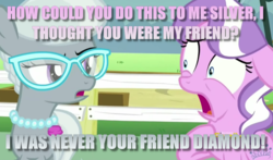 Size: 1200x704 | Tagged: safe, edit, edited screencap, screencap, diamond tiara, silver spoon, earth pony, pony, g4, caption, female, filly, shocked, wide eyes