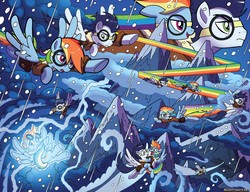 Size: 1800x1384 | Tagged: safe, artist:tonyfleecs, idw, official comic, rainbow dash, soarin', pegasus, pony, friends forever, g4, spoiler:comic, spoiler:comicff36, bomber jacket, clothes, duo, female, flying, goggles, jacket, lightning, male, mare, mountain, rainbow trail, snow, speed trail, stallion, wonderbolts, yaket range