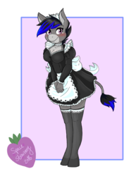 Size: 2550x3300 | Tagged: safe, artist:spacestrawberry, oc, oc only, oc:tara, donkey, anthro, blushing, breasts, cleavage, clothes, cute, female, high res, maid, solo, stockings, thigh highs