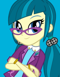 Size: 434x554 | Tagged: safe, screencap, juniper montage, equestria girls, movie magic, official, spoiler:eqg specials, baubles, blue background, bracelet, clothes, crossed arms, female, glasses, hair tie, jewelry, lapel pin, looking at you, pigtails, shirt, simple background, smiling, solo, twintails