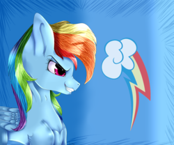 Size: 6000x5000 | Tagged: safe, artist:bladedeehunter, rainbow dash, g4, absurd resolution, bust, cutie mark background, female, grin, profile, smiling, solo