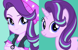 Size: 868x554 | Tagged: safe, starlight glimmer, pony, unicorn, equestria girls, g4, clothes, comparison, crossed arms, female, looking at you, mare, smiling, watch