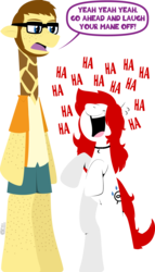 Size: 1340x2342 | Tagged: safe, artist:clarktooncrossing, oc, oc only, earth pony, giraffe, pony, anthro, anthro with ponies, duo, female, laughing, mare, nose in the air, simple background, transparent background