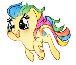 Size: 511x441 | Tagged: safe, artist:archego-art, alphabittle, earth pony, pony, g3, blue eyes, blush lines, blushing, female, galloping, generation leap, happy, heart, heart mark, mare, multicolored mane, multicolored tail, open mouth, open smile, running, simple background, smiling, solo, tail, transparent background, yellow coat