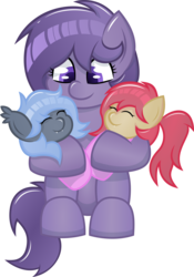 Size: 5461x7799 | Tagged: safe, artist:plone, oc, oc only, oc:codpone, oc:lacy, oc:panne, bat pony, pony, absurd resolution, cute, eyes closed, fangs, female, filly, holding a pony, hug, simple background, sitting, smiling, transparent background