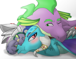 Size: 878x689 | Tagged: safe, artist:gamblingfoxinahat, princess ember, spike, oc, dragon, g4, blushing, cuddling, dragon lord ember, duo, female, jewelry, male, offspring, older, older spike, one eye closed, parent:princess ember, parent:spike, parents:emberspike, scrunchy face, ship:emberspike, shipping, smiling, smirk, snuggling, straight, tsundember, tsundere, wink