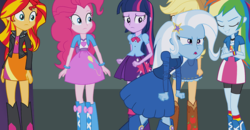 Size: 900x467 | Tagged: safe, applejack, pinkie pie, rainbow dash, sunset shimmer, trixie, twilight sparkle, equestria girls, g4, my little pony equestria girls: rainbow rocks, official, balloon, boots, bracelet, clothes, compression shorts, cowboy boots, cowboy hat, denim skirt, fall formal outfits, hat, high heel boots, jacket, jewelry, leather jacket, leg warmers, skirt, socks, stetson