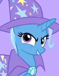 Size: 434x554 | Tagged: safe, trixie, pony, unicorn, g4, official, female, grin, looking at you, purple background, simple background, smiling, solo