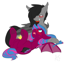 Size: 1000x975 | Tagged: safe, artist:curiouskeys, oc, oc only, oc:senka stargazer, oc:spanking shade, bat pony, pony, blushing, drool, fangs, feeding, food, on back, spread wings, strawberry, underhoof