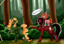 Size: 4500x3100 | Tagged: safe, artist:pinktabico, oc, oc only, pegasus, pony, unicorn, commission, dialogue, eyes closed, female, filly, forest, high res, male, mare, open mouth, raised hoof, scenery, smiling, speech bubble, stallion, trap (device), trio, watch out