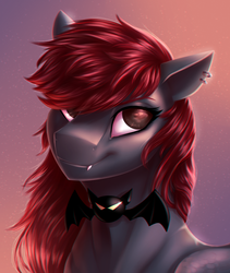 Size: 2492x2959 | Tagged: safe, artist:glitteronin, oc, oc only, oc:spiral night, bat pony, pony, bust, fangs, female, gradient background, high res, mare, red hair, smiling, solo