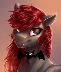 Size: 2500x2959 | Tagged: safe, artist:glitteronin, oc, oc only, oc:spiral night, bat pony, pony, bust, fangs, female, gradient background, high res, mare, red hair, smiling, solo