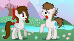 Size: 3559x2000 | Tagged: safe, artist:rsa.fim, oc, oc only, oc:crash bash, oc:whisper hope, earth pony, pegasus, pony, bedroom eyes, bow, couple, crashope, female, flower, flower in mouth, high res, looking at each other, male, mexican, mouth hold, oc x oc, raised hoof, red eyes, ribbon, river, romance, rose, scar, shipping, short tail, straight, tail bow, tail wrap, unitárium